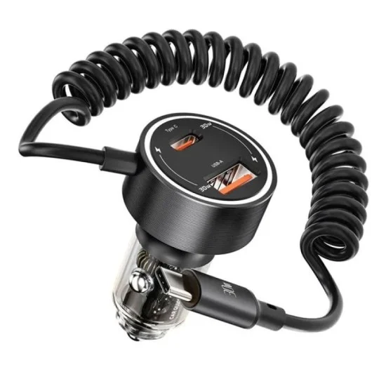 Porodo 60W Transparent Dual Port Car Charger PD 30W QC 18W with Coil- Black
